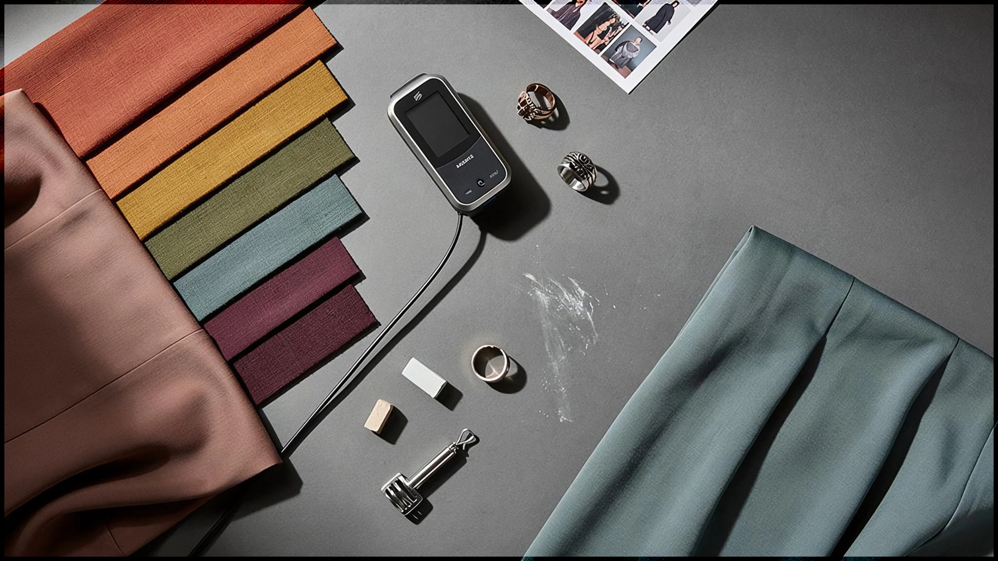 Professional color-analysis worktable with fabric, metal, and measurement tools