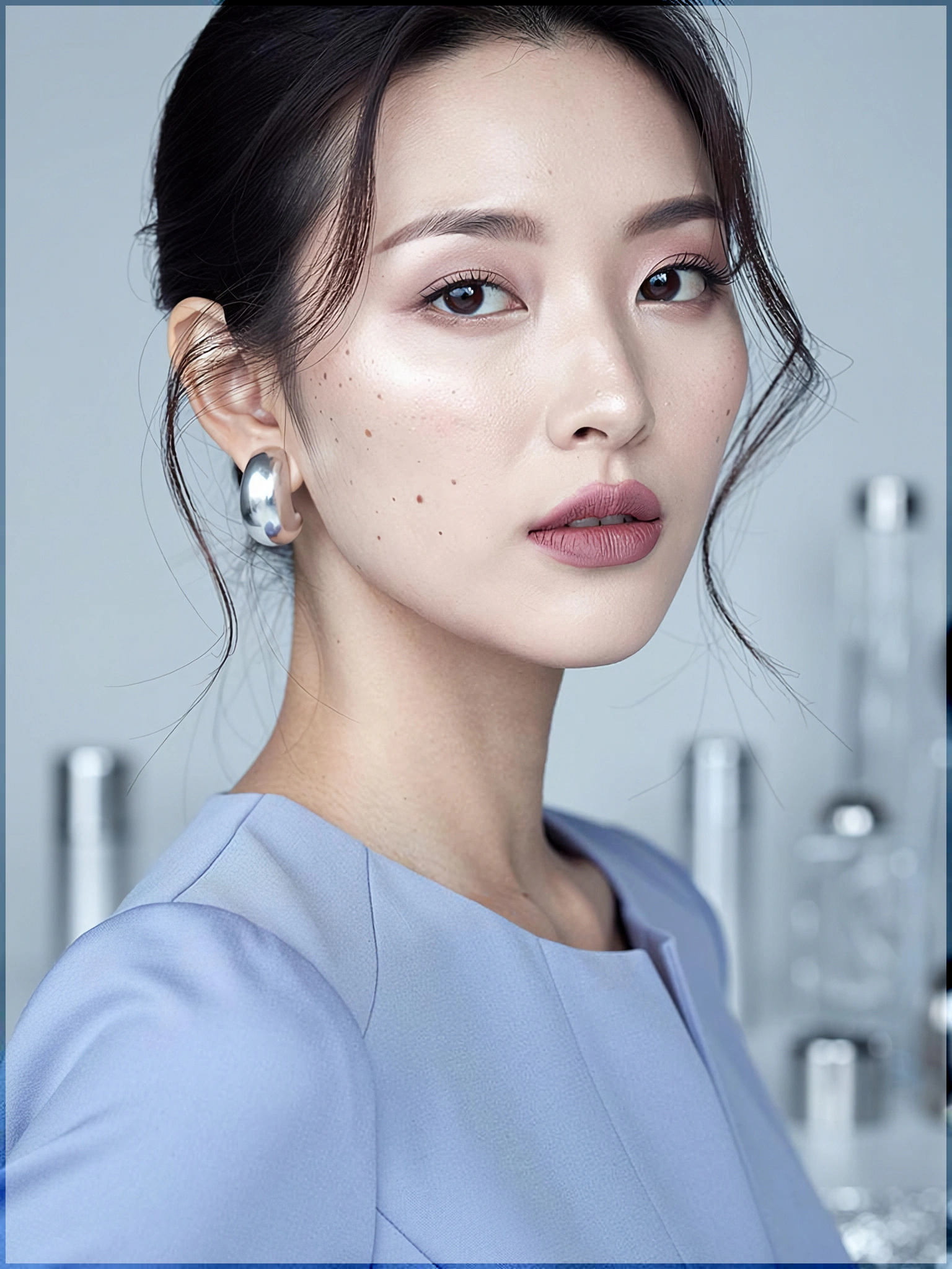 Cool Summer beauty direction with periwinkle clothing and brushed silver jewelry