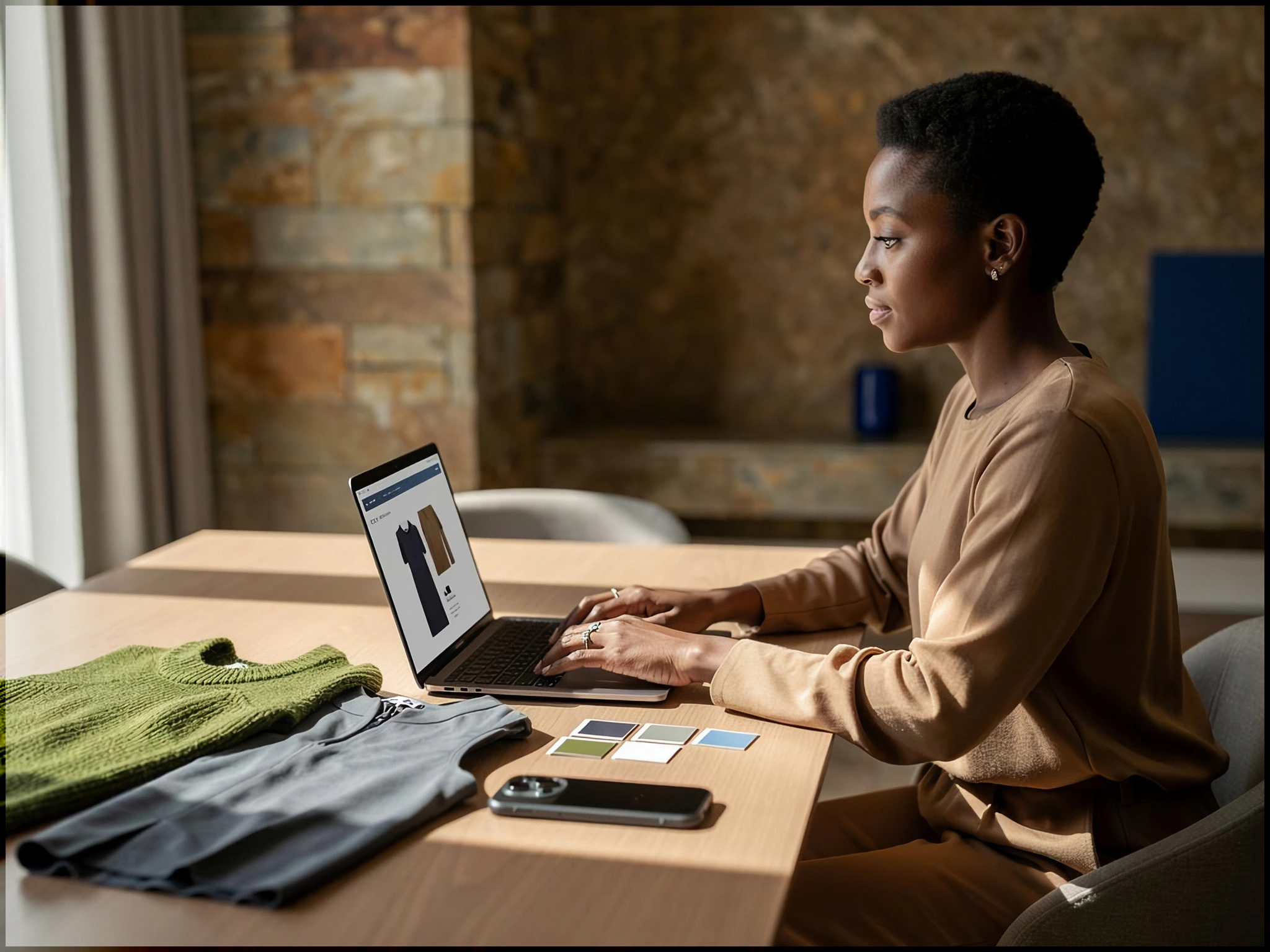 Woman comparing online clothing colors with physical palette swatches